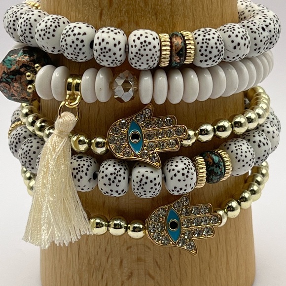 Stylish Gold Boho Chic Stacked Bracelets -  Trendy Stackable Evil Eye Bracelets - Picture 13 of 13